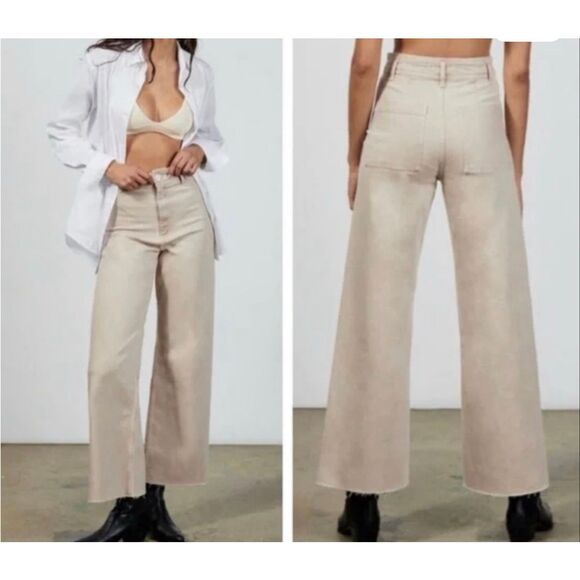 Zara Marine high rise wide leg cream jeans raw hem size 4 - Picture 1 of 11